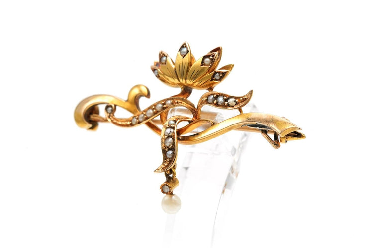 Art Nouveau - Broche en or jaune 18 carats et perles 58 Facettes B266