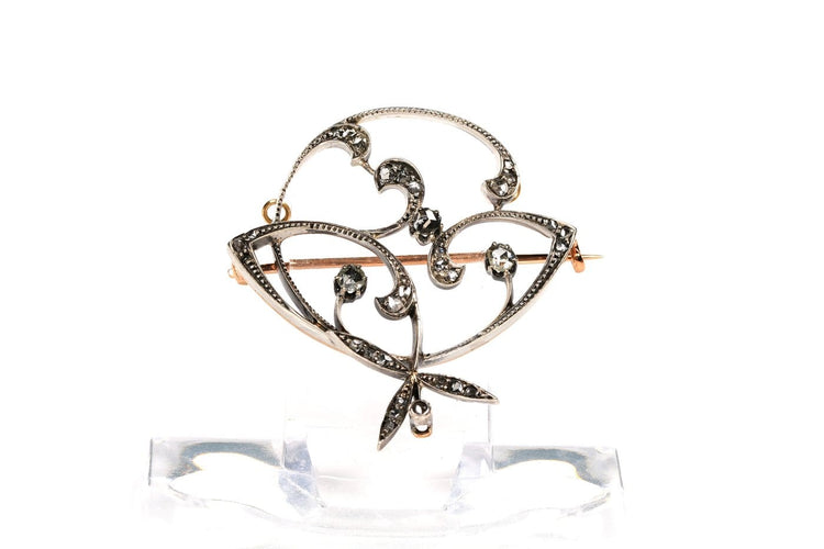Art Nouveau - Broche en or jaune et blanc 18 carats et diamants taille rose 58 Facettes B450