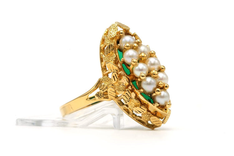 59 Années 50 - Bague en or jaune, perles et chrysoprase 58 Facettes B862
