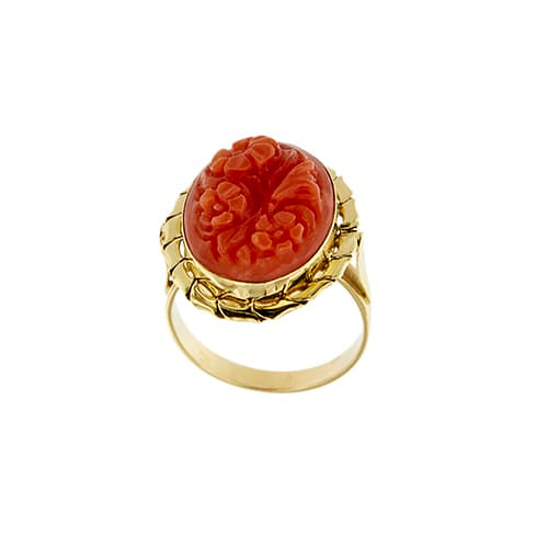 Bague Bague camée ovale floral en or jaune 18 ct avec corail 58 Facettes 39794