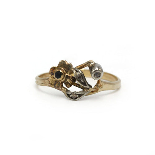 49 Art Nouveau - Bague en or jaune, argent, diamants et pierre noire 58 Facettes 260230R