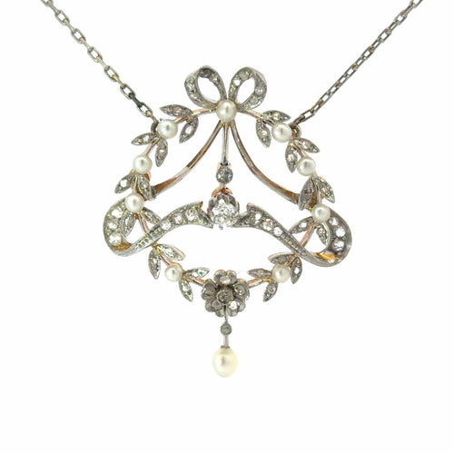 Pendentif édouardien en or 18k, platine, diamant et perles 58 Facettes