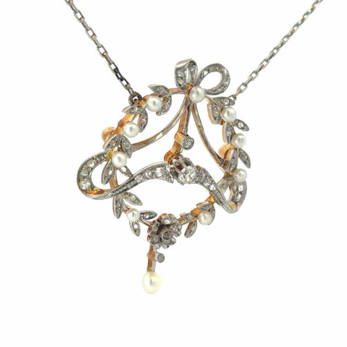 Pendentif édouardien en or 18k, platine, diamant et perles 58 Facettes