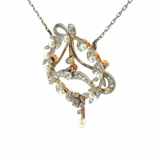 Pendentif édouardien en or 18k, platine, diamant et perles 58 Facettes