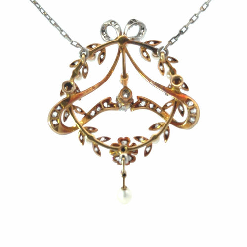 Pendentif édouardien en or 18k, platine, diamant et perles 58 Facettes