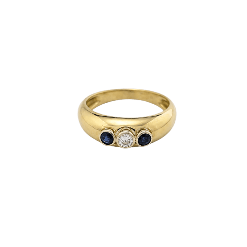 Bague trilogie en or jaune, or blanc, diamant et saphirs
