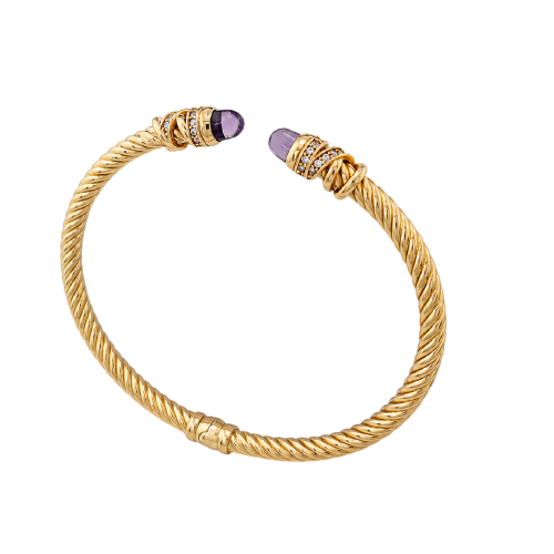 Bracelet jonc torsadé en or jaune, améthystes et diamants