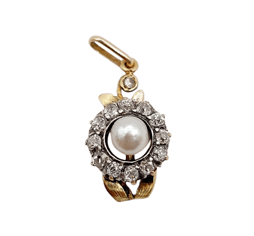 Pendentif marguerite victorien en or 18k, argent, perle et diamants