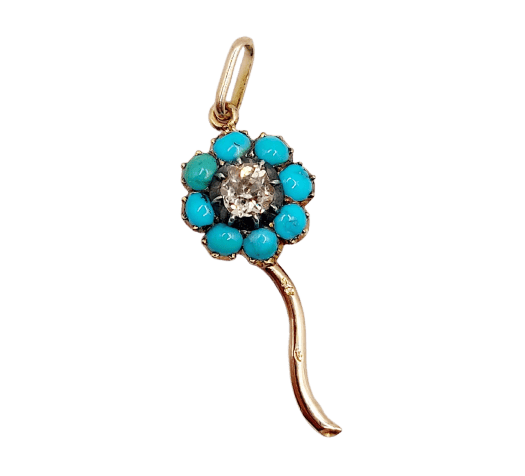 Pendentif marguerite victorien en or 18k, argent, diamant et turquoises