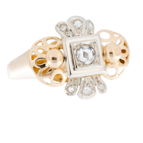 Art déco - Bague en or jaune et blanc 18 carats avec diamants