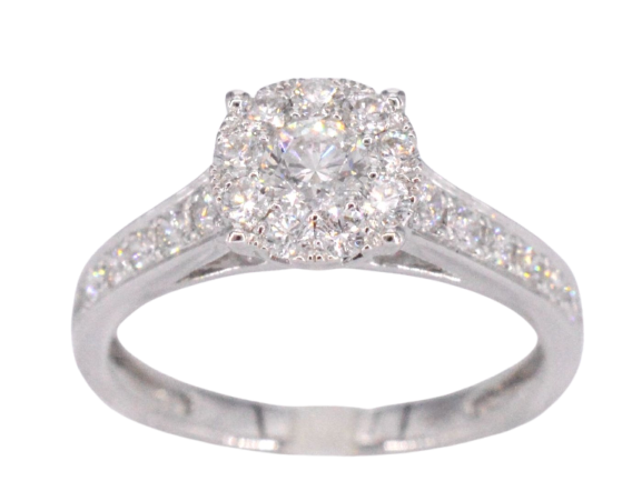 Bague halo en or blanc et diamants taille brillant 1,00 ct