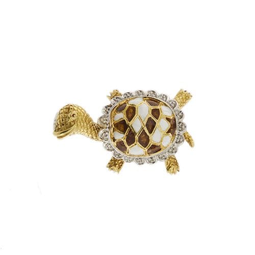 Broche Broche tortue émaillée en or jaune et or blanc 18 ct 58 Facettes 28598