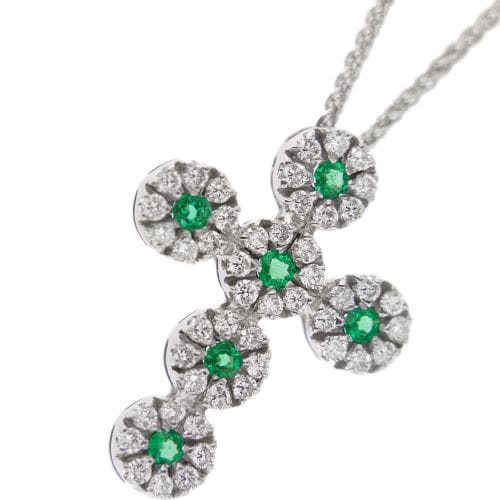 Collier Collier avec pendentif croix en or blanc 18 ct, diamants et émeraudes 58 Facettes 25439