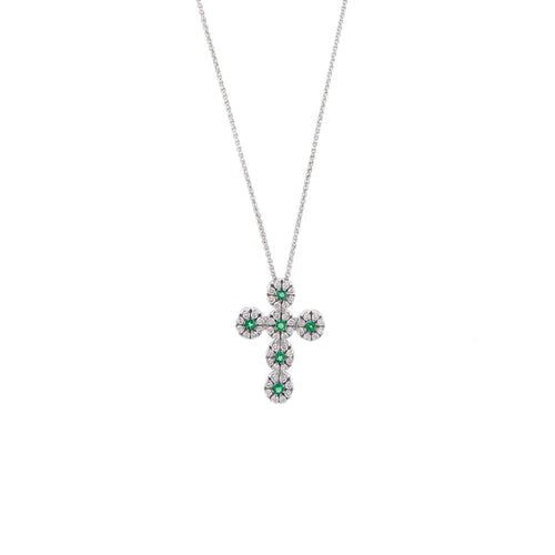 Collier Collier avec pendentif croix en or blanc 18 ct, diamants et émeraudes 58 Facettes 25439