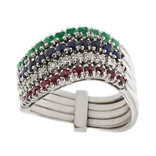 Bague Bague rivière ondulée en or blanc 18 ct avec émeraudes, saphirs, rubis et diamants 58 Facettes 33645