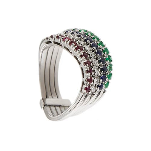 Bague Bague rivière ondulée en or blanc 18 ct avec émeraudes, saphirs, rubis et diamants 58 Facettes 33645