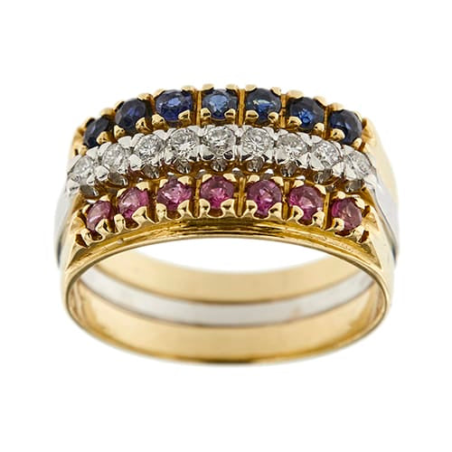 Bague 55 Trio de bagues rivière en or 18 ct avec saphirs, rubis et diamants 58 Facettes 29582