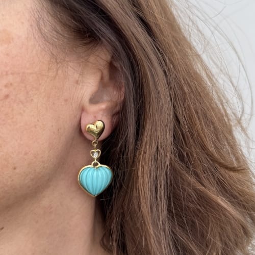 Boucles d'oreilles Damiani - Boucles d’oreilles cœur pendantes en or jaune 18 carats, diamants et turquoises 58 Facettes 37515