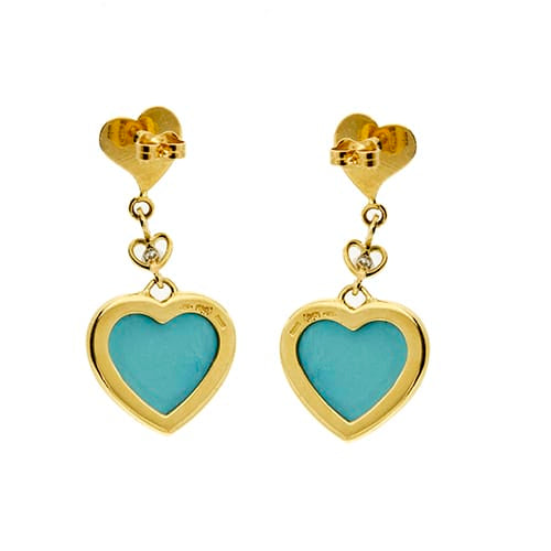 Boucles d'oreilles Damiani - Boucles d’oreilles cœur pendantes en or jaune 18 carats, diamants et turquoises 58 Facettes 37515