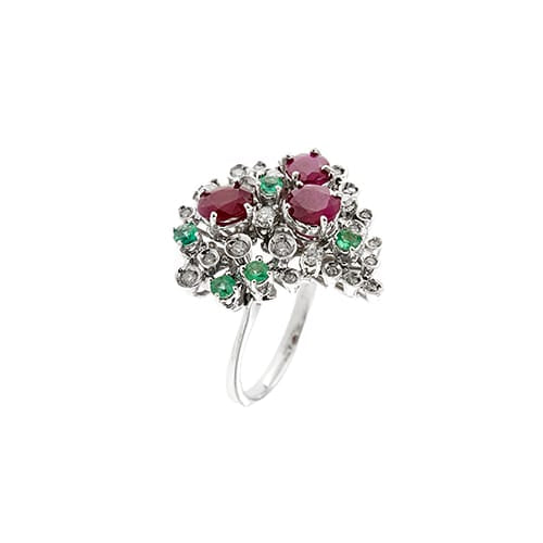 Bague 59 Bague - Rubis, émeraudes et diamants en or blanc 14 ct 58 Facettes 37784