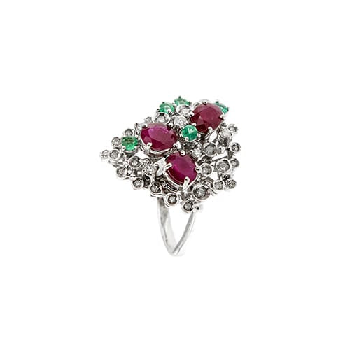 Bague 59 Bague - Rubis, émeraudes et diamants en or blanc 14 ct 58 Facettes 37784