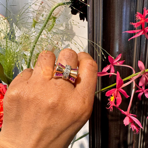 Bague 58 Bague tank rétro en or 14k avec diamants et rubis de synthèse 58 Facettes 8260FCE5C9254FA884D5937C3D2A0727