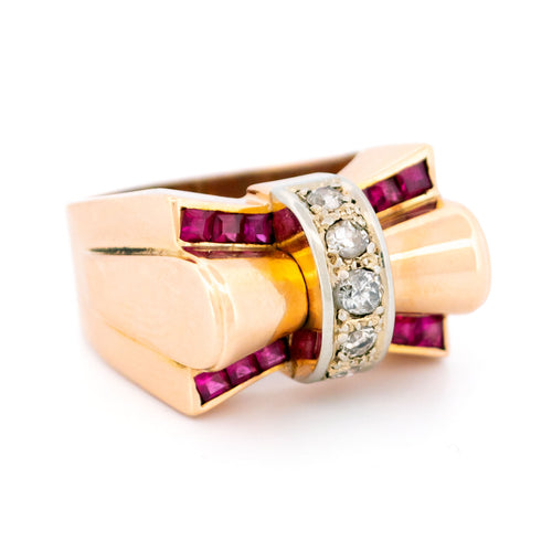 Bague 58 Bague tank rétro en or 14k avec diamants et rubis de synthèse 58 Facettes 8260FCE5C9254FA884D5937C3D2A0727