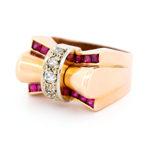 Bague 58 Bague tank rétro en or 14k avec diamants et rubis de synthèse 58 Facettes 8260FCE5C9254FA884D5937C3D2A0727