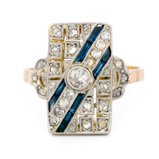 Bague 54 Bague Art déco rectangulaire en or jaune et blanc 14k, diamants et saphirs 58 Facettes 39757C88308E4D9A8A49537BA9C59308