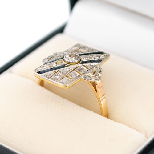 Bague 54 Bague Art déco rectangulaire en or jaune et blanc 14k, diamants et saphirs 58 Facettes 39757C88308E4D9A8A49537BA9C59308