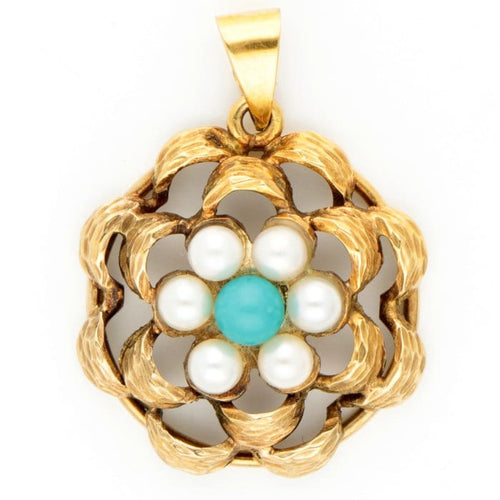 Pendentif Pendentif vintage en or jaune 14 k avec turquoise et perles 58 Facettes 1502B0152FA548E68FB652ABA5C1F8C3