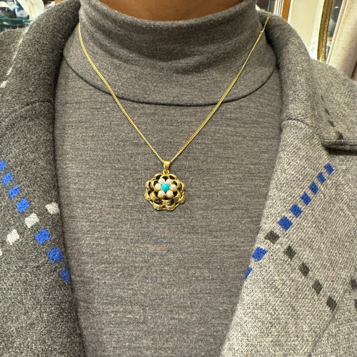 Pendentif Pendentif vintage en or jaune 14 k avec turquoise et perles 58 Facettes 1502B0152FA548E68FB652ABA5C1F8C3