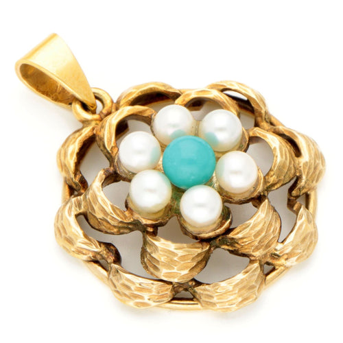 Pendentif Pendentif vintage en or jaune 14 k avec turquoise et perles 58 Facettes 1502B0152FA548E68FB652ABA5C1F8C3