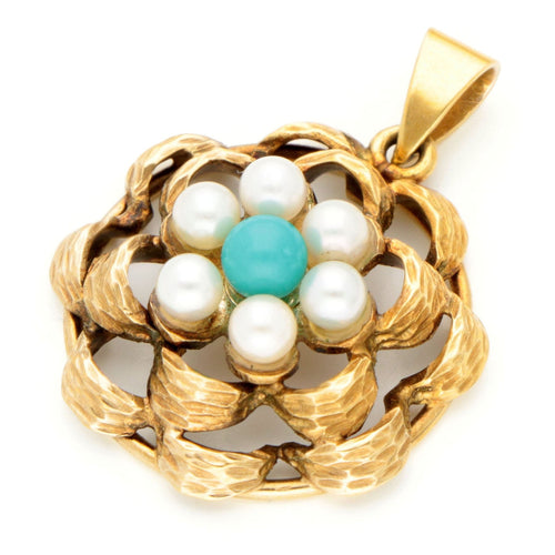 Pendentif Pendentif vintage en or jaune 14 k avec turquoise et perles 58 Facettes 1502B0152FA548E68FB652ABA5C1F8C3