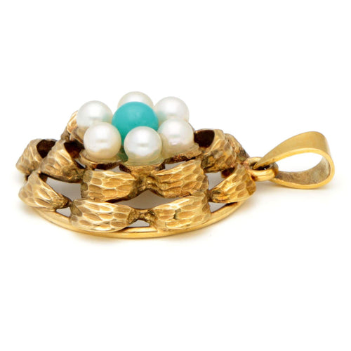 Pendentif Pendentif vintage en or jaune 14 k avec turquoise et perles 58 Facettes 1502B0152FA548E68FB652ABA5C1F8C3
