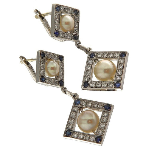 Boucles d'oreilles Orecchini pendenti en or blanc, diamants et perles 58 Facettes G3803