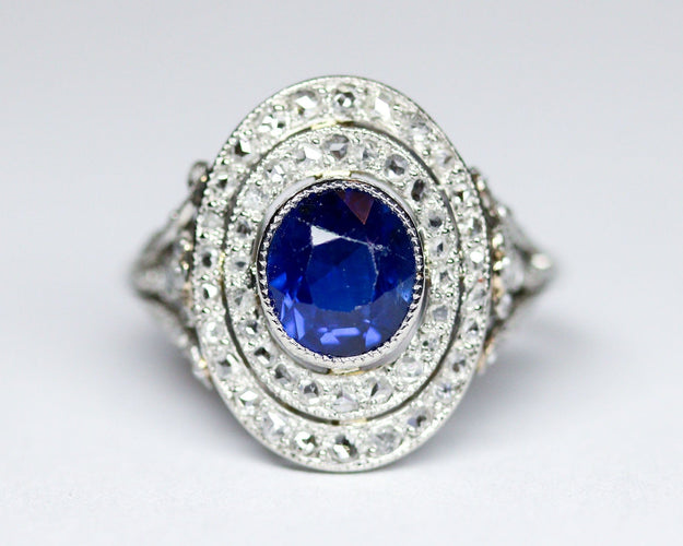 Bague 47.5 Bague Pompadour en platine, saphir et diamants taille rose 58 Facettes A11969