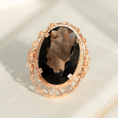 Bague 56 Bague Art nouveau en or 14 carats avec quartz fumé ovale 58 Facettes