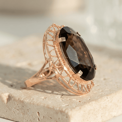 Bague 56 Jugendstil - Bague en or 14K avec grand quartz fumé 58 Facettes HJ250138