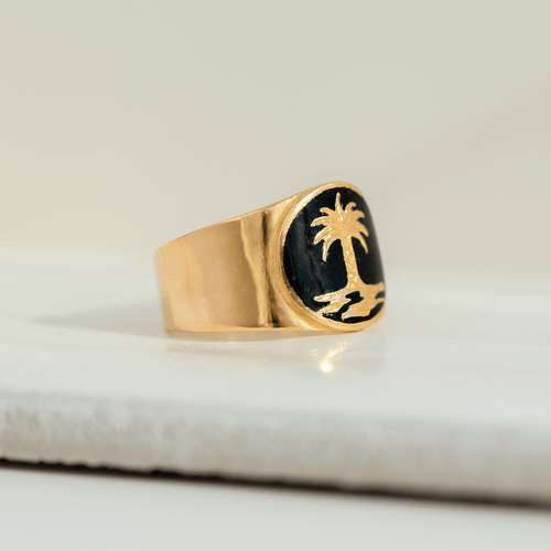 Bague 56 Bague vintage en or jaune 18 carats avec palme et émail noir 58 Facettes