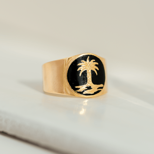 Bague 56 Bague vintage en or jaune 18 carats avec palme et émail noir 58 Facettes