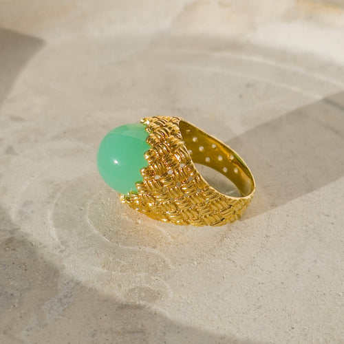 Bague 52.5 Bague vintage en or jaune 18 carats avec cabochon de chrysoprase 58 Facettes 2884
