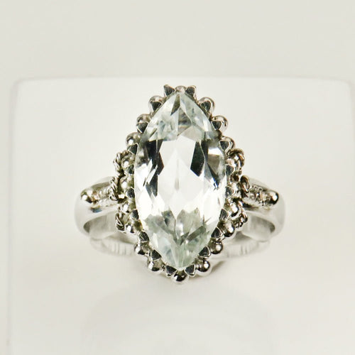 Bague 52.5 Bague antique en or blanc 18 carats avec aquamarine marquise 58 Facettes 2961