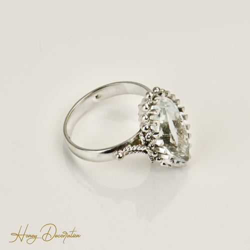 Bague 52.5 Bague antique en or blanc 18 carats avec aquamarine marquise 58 Facettes 2961