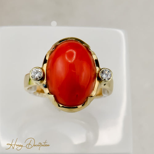 Bague 59 Bague corail en or 14 ct avec diamants 58 Facettes 2659