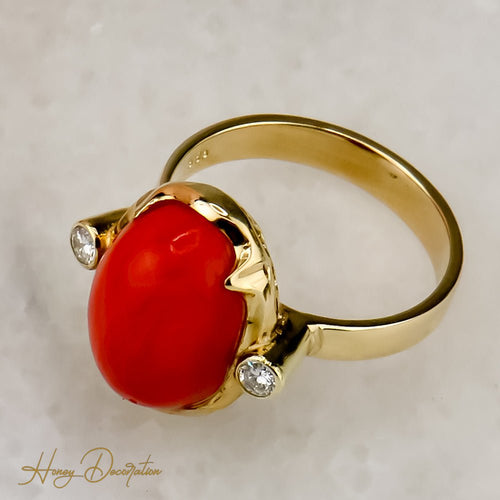 Bague 59 Bague corail en or 14 ct avec diamants 58 Facettes 2659