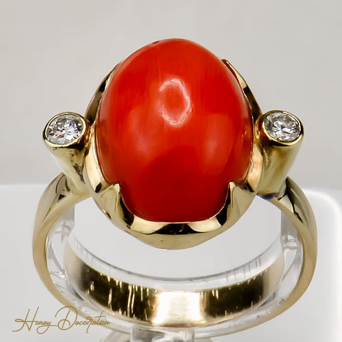 Bague 59 Bague corail en or 14 ct avec diamants 58 Facettes 2659