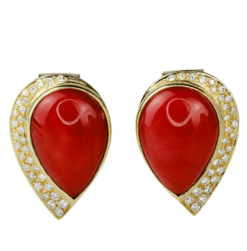 Boucles d'oreilles Boucles d'oreilles - Ohrclips en or jaune, corail et diamants 58 Facettes 1850