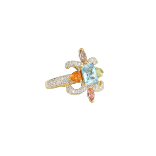 Bague 56 Bague en or jaune 18K avec pierres colorées et diamants 58 Facettes 2654