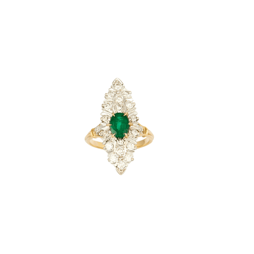 Bague 58 Bague marquise Vintage diamants et centre Emeraude en or et Platine 58 Facettes
